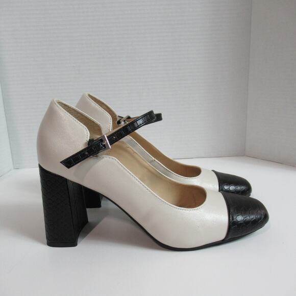 Adrienne Vittadini Heels Womens Size 7.5 Cream Black Toe Pierce Chunky Classy - Picture 4 of 13